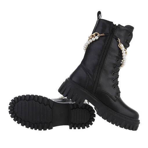 Western- & Bikerboots Lochschnürung, Blockabsatz, Perlen, Kette - Schwarz – Bild 2