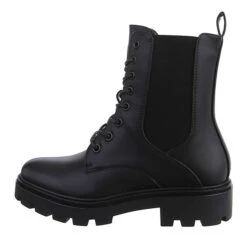 Flache Stiefeletten Lochschnürung, Blockabsatz,