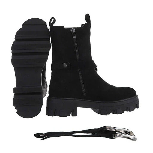 Western- & Bikerboots Reißverschluss, Blockabsatz, Riemen, Kette - Schwarz – Bild 2