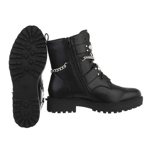 Western- & Bikerboots Lochschnürung, Blockabsatz, Nieten, Perlen - Schwarz – Bild 2