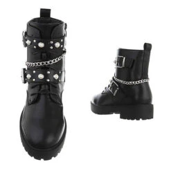 Western- & Bikerboots Lochschnürung, Blockabsatz, Nieten, Perlen - Schwarz -Schuh Geschäft 29245812 03