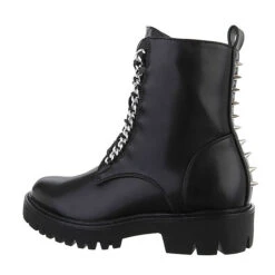 Flache Stiefeletten Lochschnürung, Blockabsatz, Stachelnieten - Schwarz