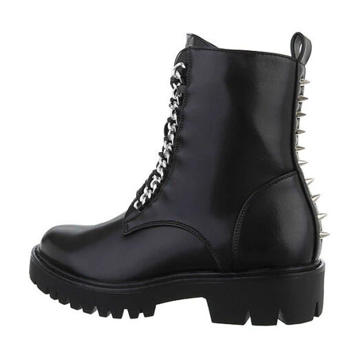 Flache Stiefeletten Lochschnürung, Blockabsatz, Stachelnieten - Schwarz