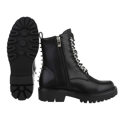 Flache Stiefeletten Lochschnürung, Blockabsatz, Stachelnieten - Schwarz – Bild 2