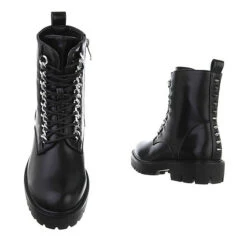 Flache Stiefeletten Lochschnürung, Blockabsatz, Stachelnieten - Schwarz -Schuh Geschäft 29434007 03