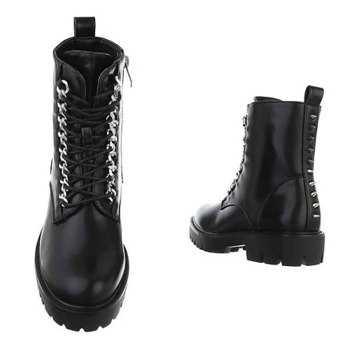 Flache Stiefeletten Lochschnürung, Blockabsatz, Stachelnieten - Schwarz – Bild 3